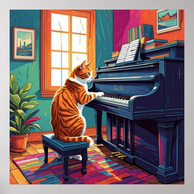 Póster Gato de Tabby jugando al piano (Frente)