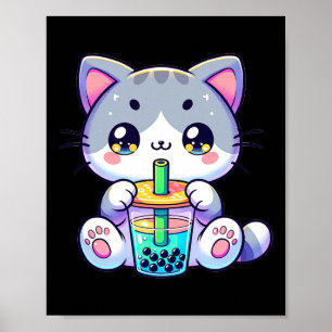 Póster Gato de té de burbuja de Kawaii japonés de gatito 