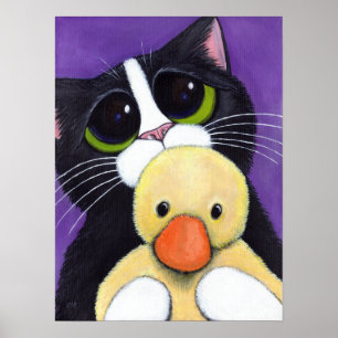 Póster Gato de Tuxedo asustado y pintura de pato tierno