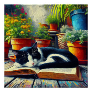 Póster Gato de Tuxedo durmiendo en la pintura de un jardí