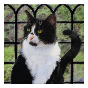 Póster Gato de Tuxedo en la ventana Pintura de arte anima
