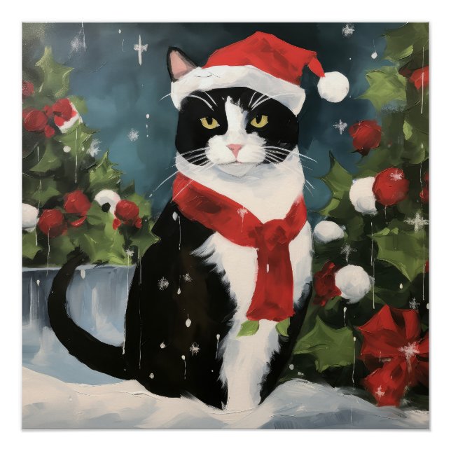Póster Gato de Tuxedo en Navidades de nieve (Anverso)