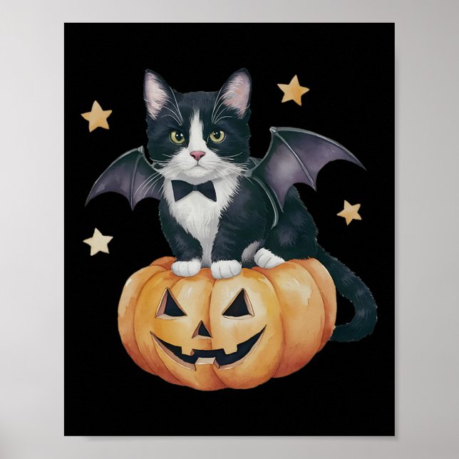 Póster Gato de Tuxedo lindo Gato de calabaza de Halloween (Frente)