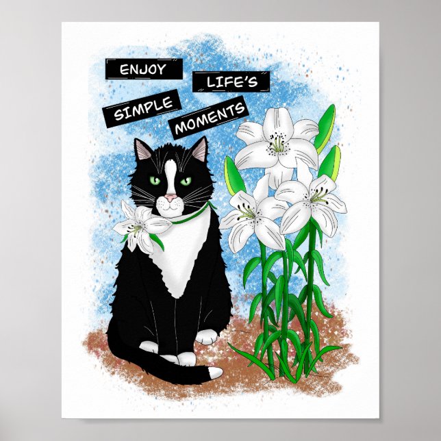 Póster Gato de Tuxedo y Lilies | Oferta Inspiradora (Frente)