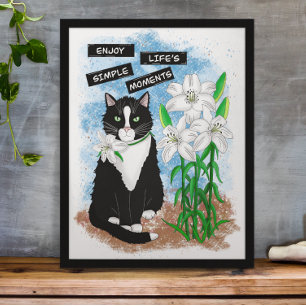 Póster Gato de Tuxedo y Lilies   Oferta Inspiradora