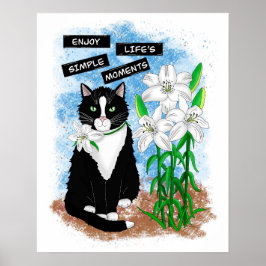 Póster Gato de Tuxedo y Lilies | Oferta Inspiradora