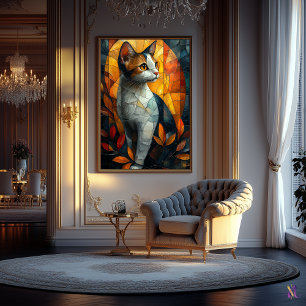 Póster Gato de vidrio manchado con brillo otoñal