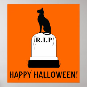 Póster Gato del feliz Halloween en la piedra sepulcral