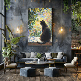 Póster Gato del Pointillismo en el Windowsill con luz sol