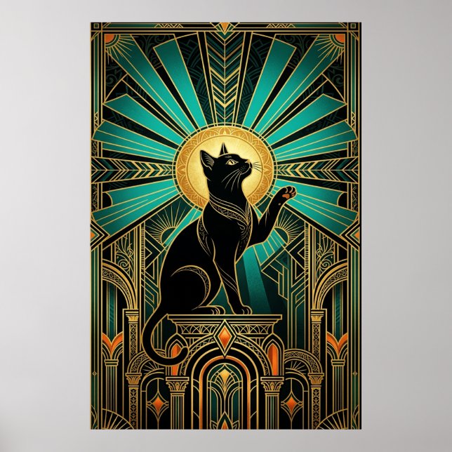 Póster Gato del Trono Esmeralda con Halo Art Deco (Frente)