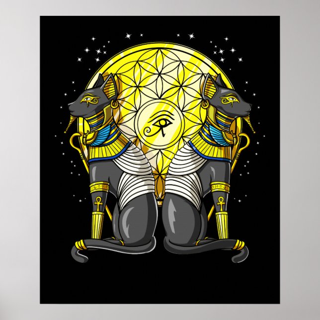 Póster Gato Diosa Egipcia Bastet Ankh Geometría Sagrada (Frente)