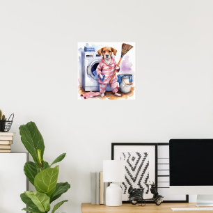Póster Gato divertidísimo en pijamas lavando ropa