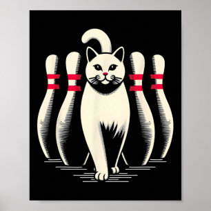Póster Gato Divertido Blanco Jugando Bolos Retro Vintage