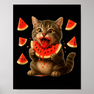 Póster Gato Divertido Comiendo Rodaja de Sandía Día de la