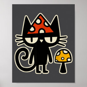Póster Gato Divertido Con Sombrero De Champiñón Gato Negr