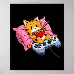 Póster Gato divertido de gamer Ramen Kawaii Jugando A Muj