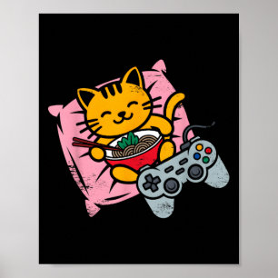 Póster Gato divertido de gamer Ramen Kawaii Jugando A Muj