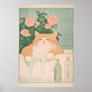 Póster Gato divertido de Ukiyo-e en bañera
