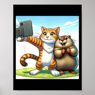Póster Gato divertido del día de la marmota tomando selfi