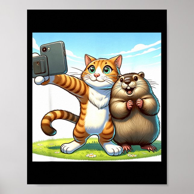Póster Gato divertido del día de la marmota tomando selfi (Frente)