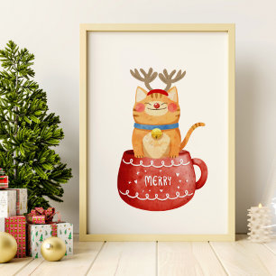 Póster Gato Divertido en Taza con Cuernos de Reno y Nariz