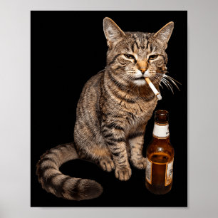 Póster Gato divertido fumando bebiendo cerveza meme estúp