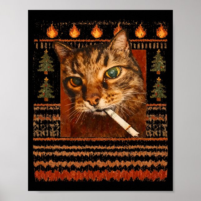 Póster Gato Divertido Fumando Meme Navidad Feo  (Frente)