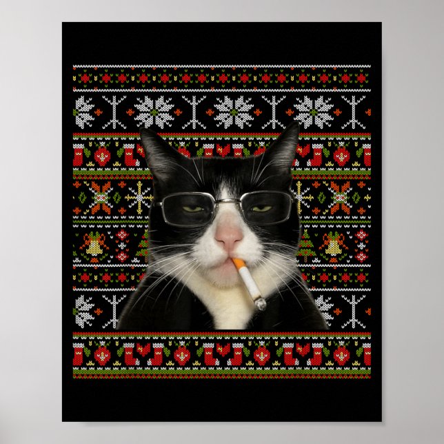 Póster Gato Divertido Fumando Meme Navidad Suéter Feo Gat (Frente)