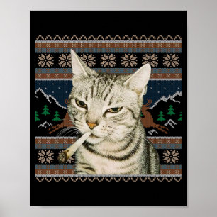 Póster Gato Divertido Fumando Meme Navidad Suéter Feo Gat