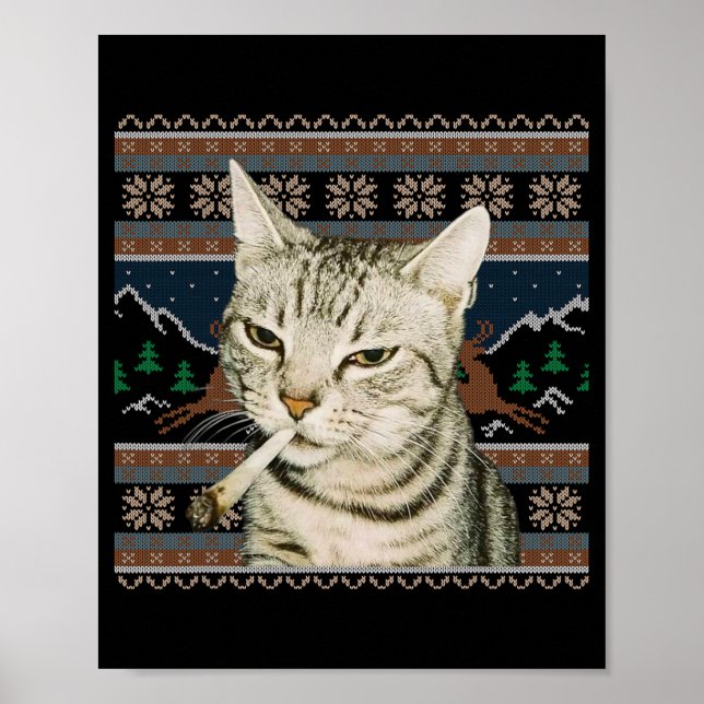Póster Gato Divertido Fumando Meme Navidad Suéter Feo Gat (Frente)