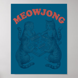Póster Gato divertido meowjong jugando mahjong retro