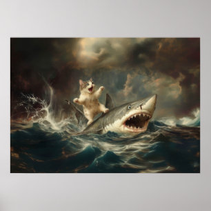 Póster Gato Divertido Montando Tiburón