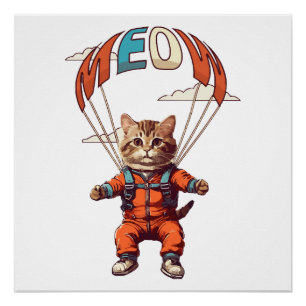 Póster Gato Divertido Saltando en Paracaídas