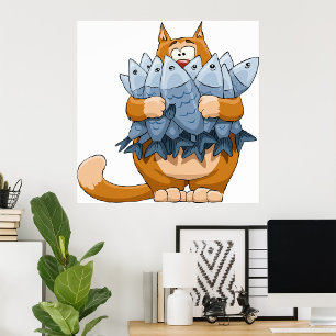 Póster Gato Divertido Sosteniendo Pescado Caricatura Gati
