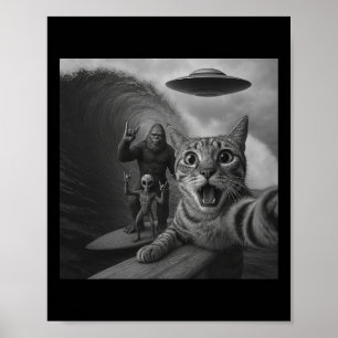 Póster Gato Divertido Surf Selfie Con Ola Gigante Ovni Al