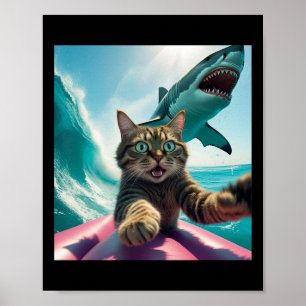 Póster Gato Divertido Surfando Selfie Con Tiburón Meme _1