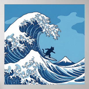 Póster Gato Divertido Surfizando La Gran Ola de Kanagawa 