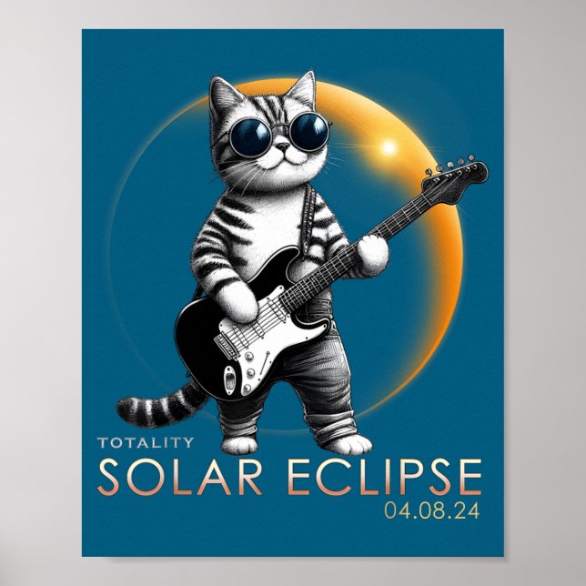 Póster Gato Divertido Tocando Guitarra Eclipse Total (Frente)