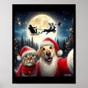 Póster Gato Divertido Y Perro Selfie Con Santa Claus Navi