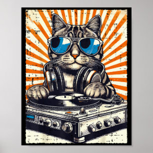 Póster Gato Dj Auricular Tornamesa Música Vintage Edm Hom