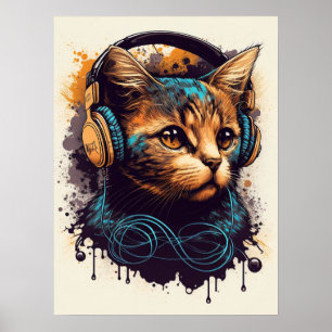 Póster Gato DJ Con Auriculares