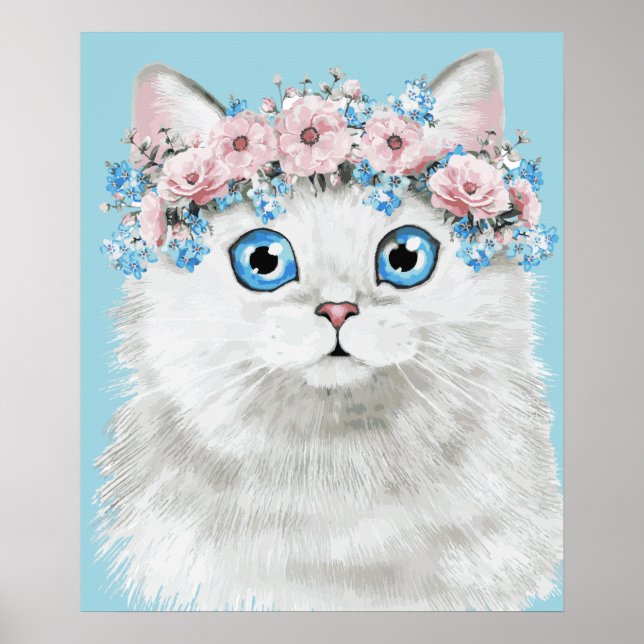 Póster Gato dulce blanco floral (Frente)