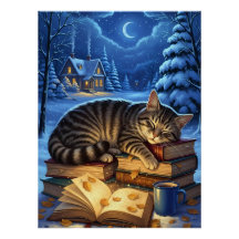 Gato durmiendo sobre libros Noche de Invierno
