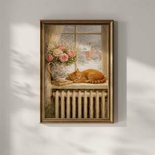 Póster Gato Durmiendo Ventana de Invierno