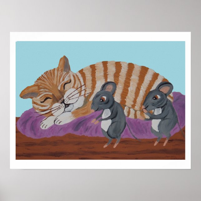 Póster Gato durmiendo y ratones furtivos (Frente)