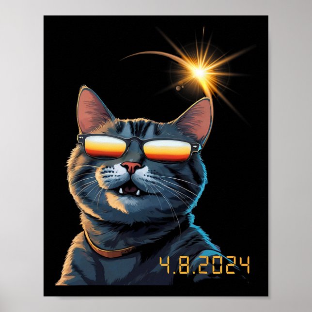 Póster Gato Eclipse Solar 2024 Usando Gafas Eclipse (Frente)
