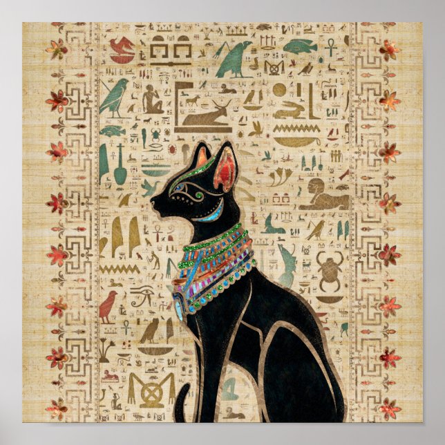 Póster Gato egipcio - Bastet sobre papiro (Frente)