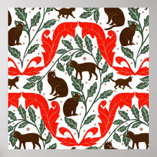 Póster Gato elegante Art Nouveau Rojo Marrón-Negro-
