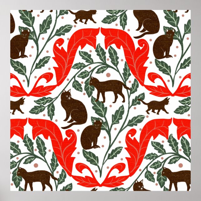 Póster Gato elegante Art Nouveau Rojo Marrón-Negro- (Frente)