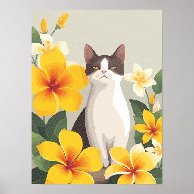 Póster Gato elegante con flores de plumeria amarilla (Frente)